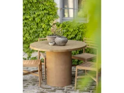 Mesa de comedor redonda de madera maciza tono roble medio y patas de microcemento en tono terracota DECOWOOD de Ø120x75cm - LUCÍA - DECOWOOD