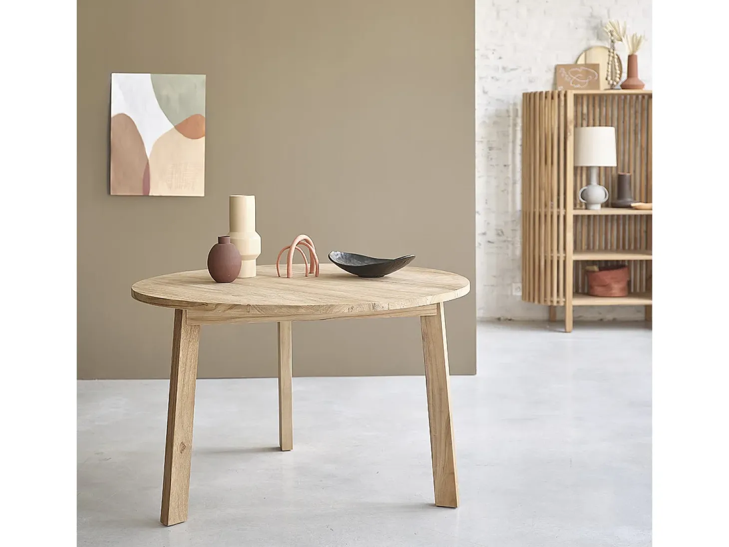 Mesa de comedor redonda de madera teca maciza para 4 personas