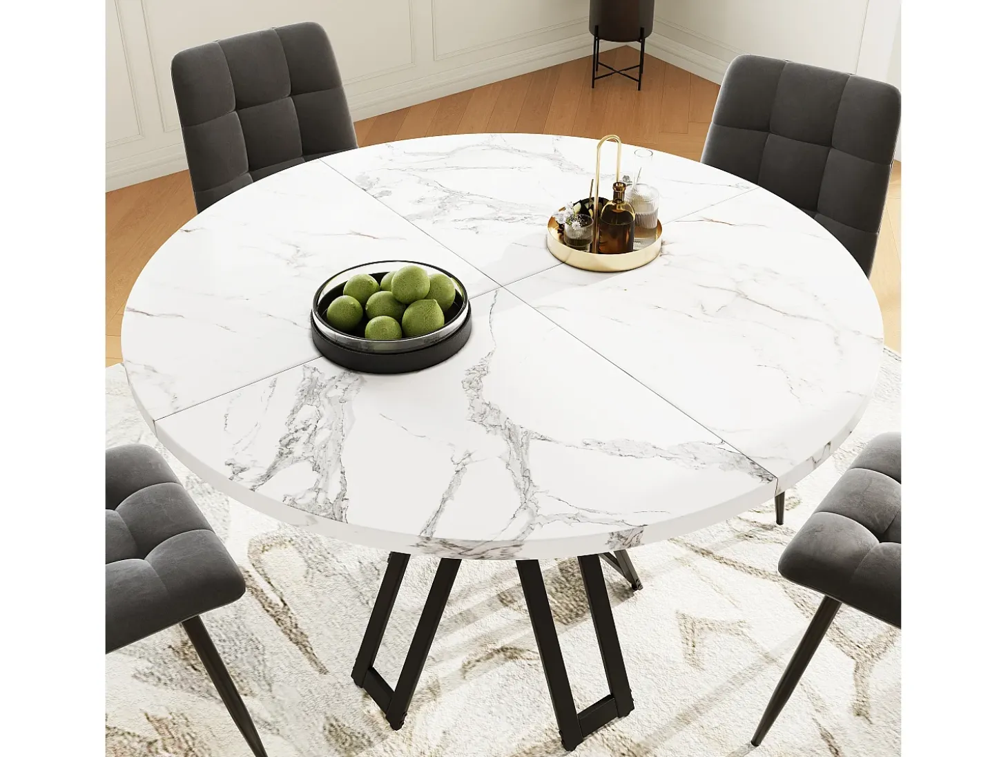 Mesa de comedor redonda, diseño moderno, MDF y metal negro jaspeado, para 4-6 personas (100x100x76 cm)