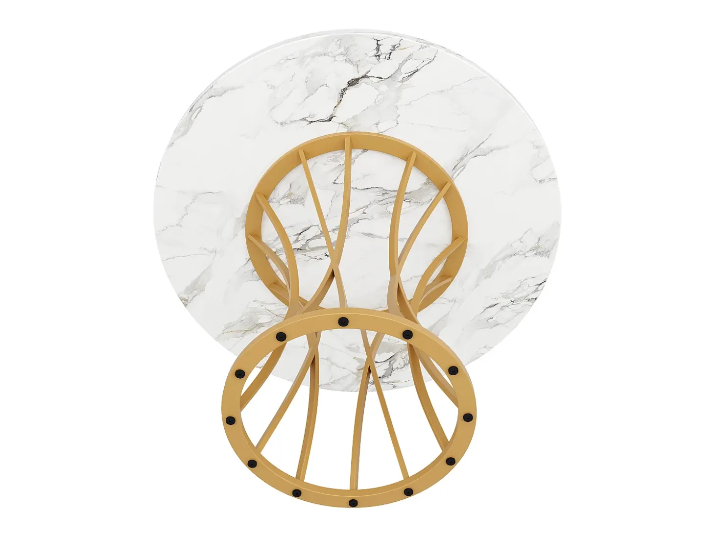 Mesa de comedor redonda de diseño moderno, MDF, patas de metal negro, tablero efecto mármol blanco (80 x 80 x 76 cm)