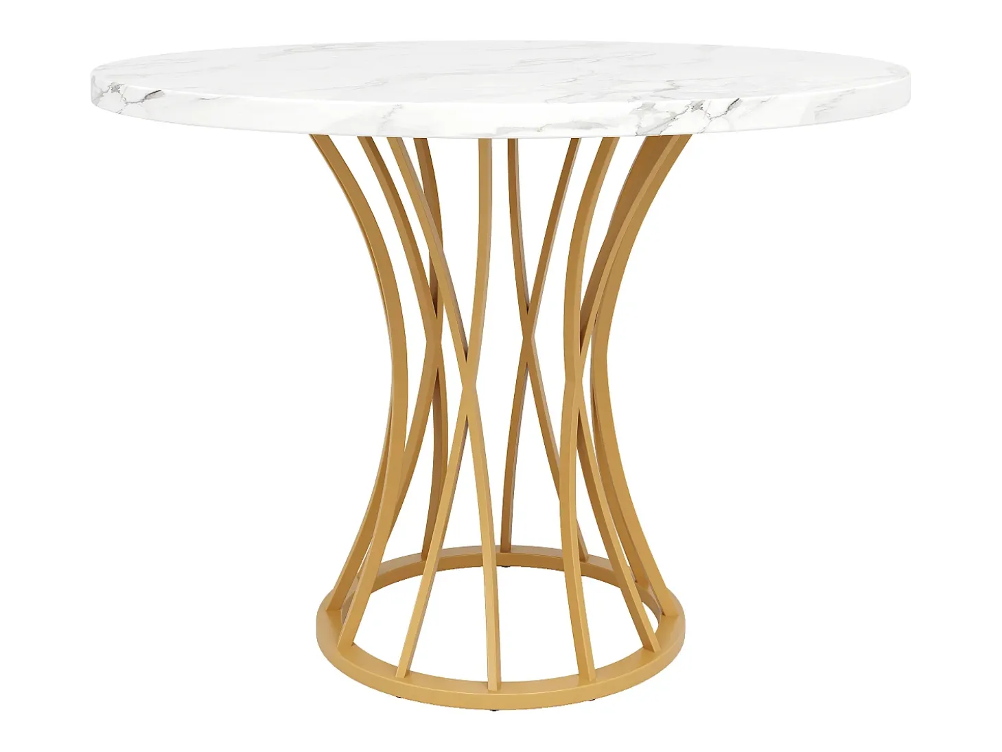 Mesa de comedor redonda de diseño moderno, MDF, patas de metal negro, tablero efecto mármol blanco (80 x 80 x 76 cm)