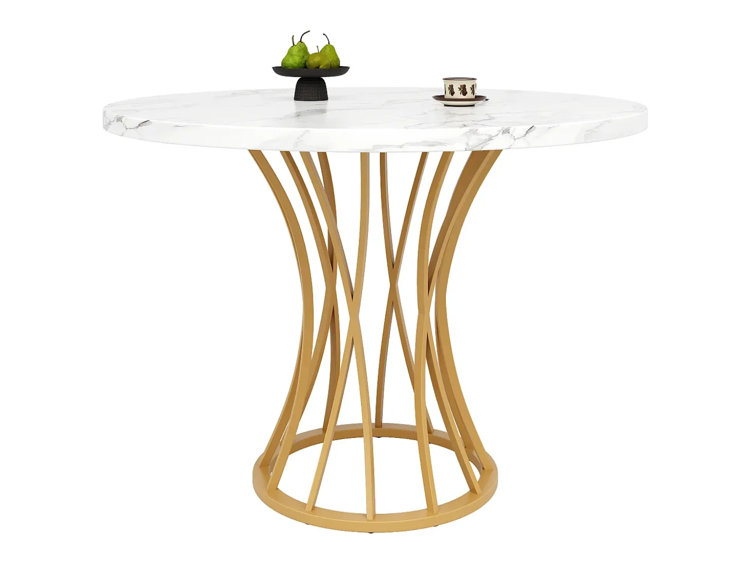 Mesa de comedor redonda de diseño moderno, MDF, patas de metal negro, tablero efecto mármol blanco (80 x 80 x 76 cm)