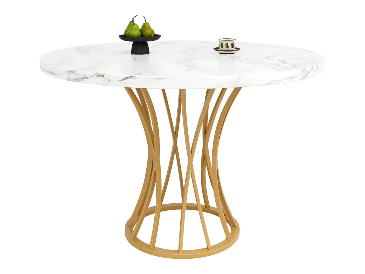 Mesa de comedor redonda de diseño moderno, MDF, patas de metal negro, tablero efecto mármol blanco (80 x 80 x 76 cm)