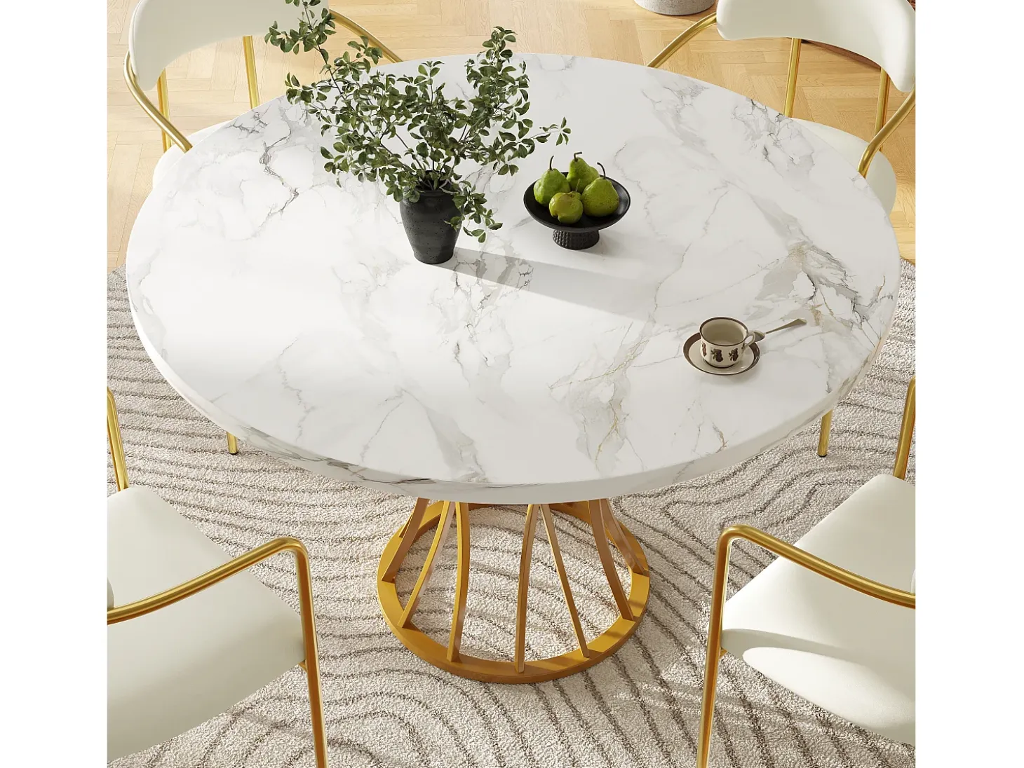 Mesa de comedor redonda de diseño moderno, MDF, patas de metal negro, tablero efecto mármol blanco (80 x 80 x 76 cm)