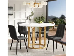 Mesa de comedor redonda, diseño moderno con base de metal, tapa de mármol, MDF y metal, color dorado y negro (100x100x74cm)