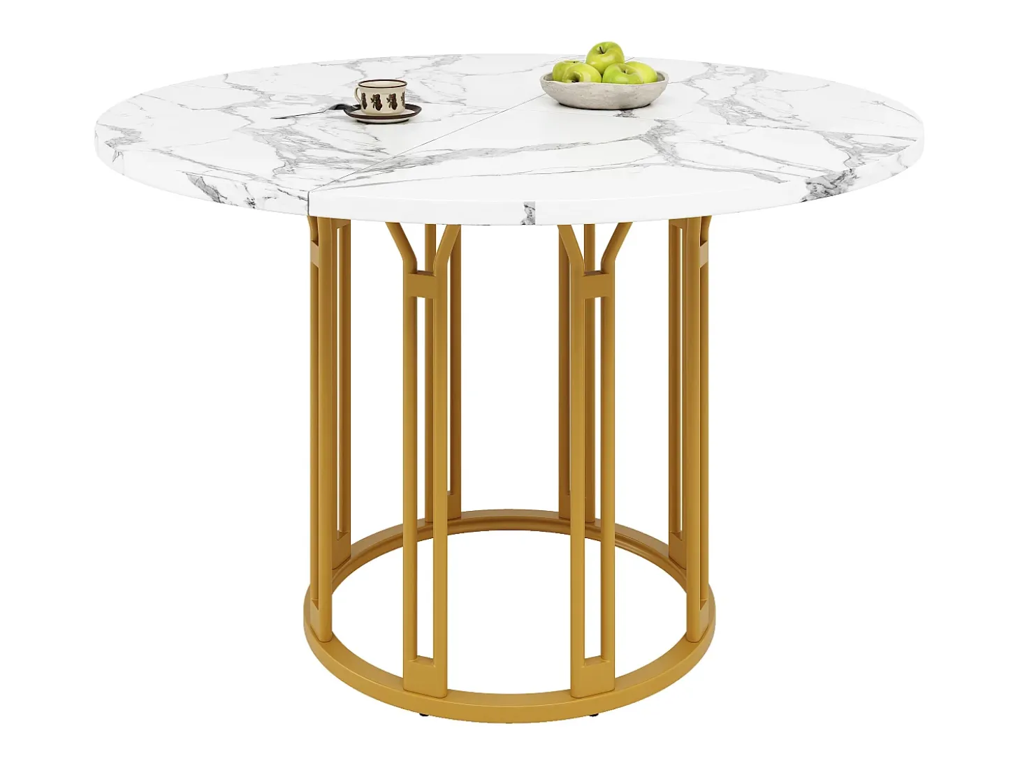 Mesa de comedor redonda, diseño moderno con base de metal, tapa de mármol, MDF y metal, color dorado y negro (100x100x74cm)