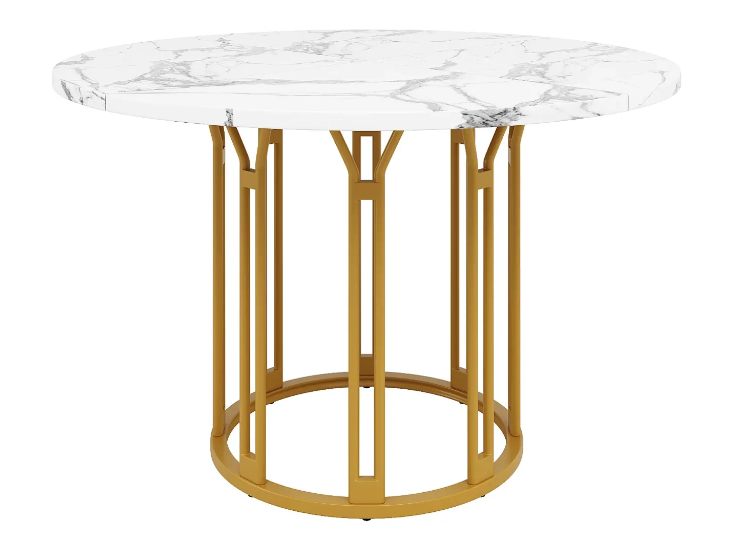 Mesa de comedor redonda, diseño moderno con base de metal, tapa de mármol, MDF y metal, color dorado y negro (100x100x74cm)