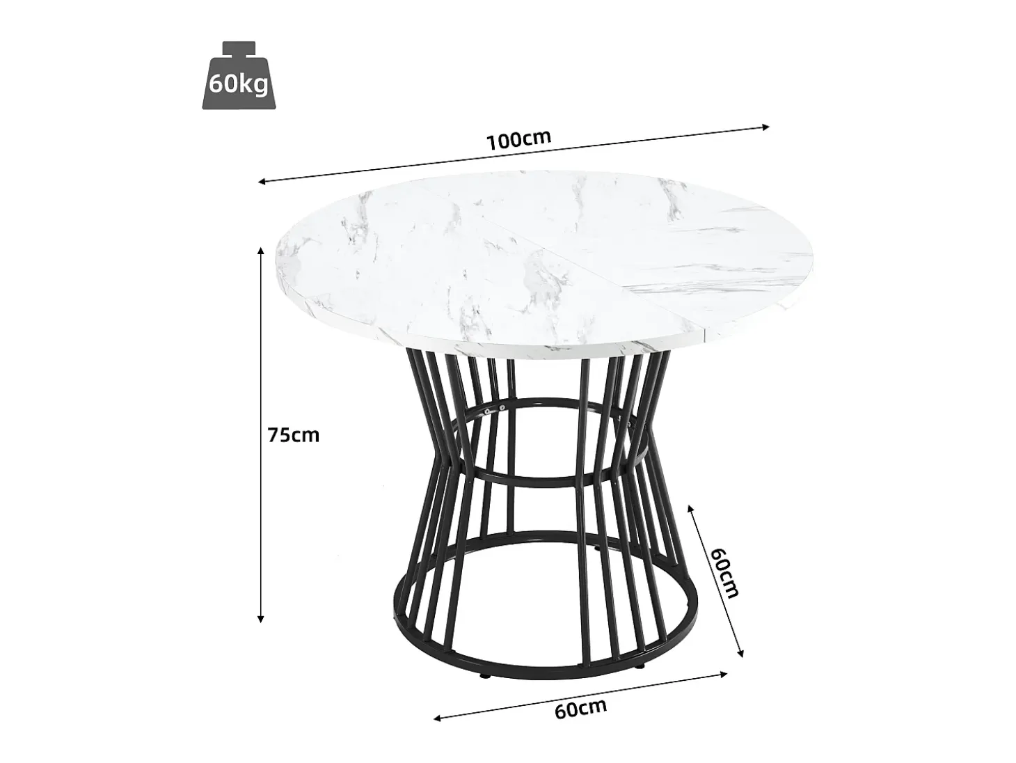 Mesa de comedor redonda de MDF con patas de metal, diseño moderno, estampado de mármol, color negro (100 cm de diámetro)