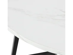 Mesa de comedor redonda de 80x80x75cm con tablero chapado efecto mármol blanco y patas de metal negro.