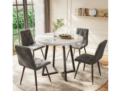 Mesa de comedor redonda de 80x80x75cm con tablero chapado efecto mármol blanco y patas de metal negro.