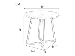 Mesa de comedor redonda de 80x80x75cm con tablero chapado efecto mármol blanco y patas de metal negro.