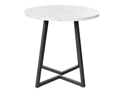 Mesa de comedor redonda de 80x80x75cm con tablero chapado efecto mármol blanco y patas de metal negro.