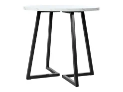 Mesa de comedor redonda de 80x80x75cm con tablero chapado efecto mármol blanco y patas de metal negro.