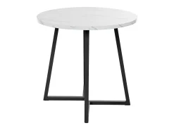 Mesa de comedor redonda de 80x80x75cm con tablero chapado efecto mármol blanco y patas de metal negro.