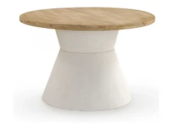 Mesa de comedor redonda en madera de abeto y base de poliresina blanca