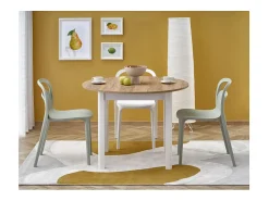 Mesa de comedor redonda extensible de 100 cm con tablero de aspecto roble y patas blancas CARENE