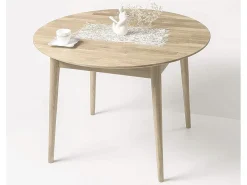 Mesa de comedor redonda extensible de 120 a 155 cm en roble macizo blanqueado Kundy