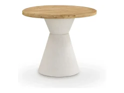 Mesa de comedor redonda en madera de abeto y base de poliresina blanca