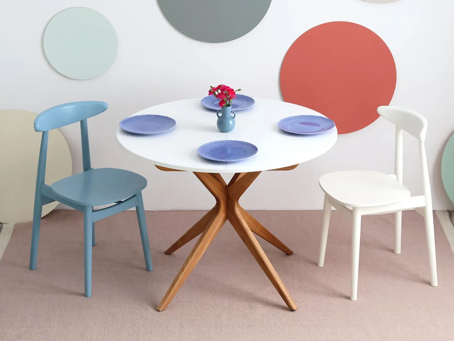 Mesa de comedor redonda extensible 100cm 5 personas Jubi Blanco Tiza | Pata de fresno