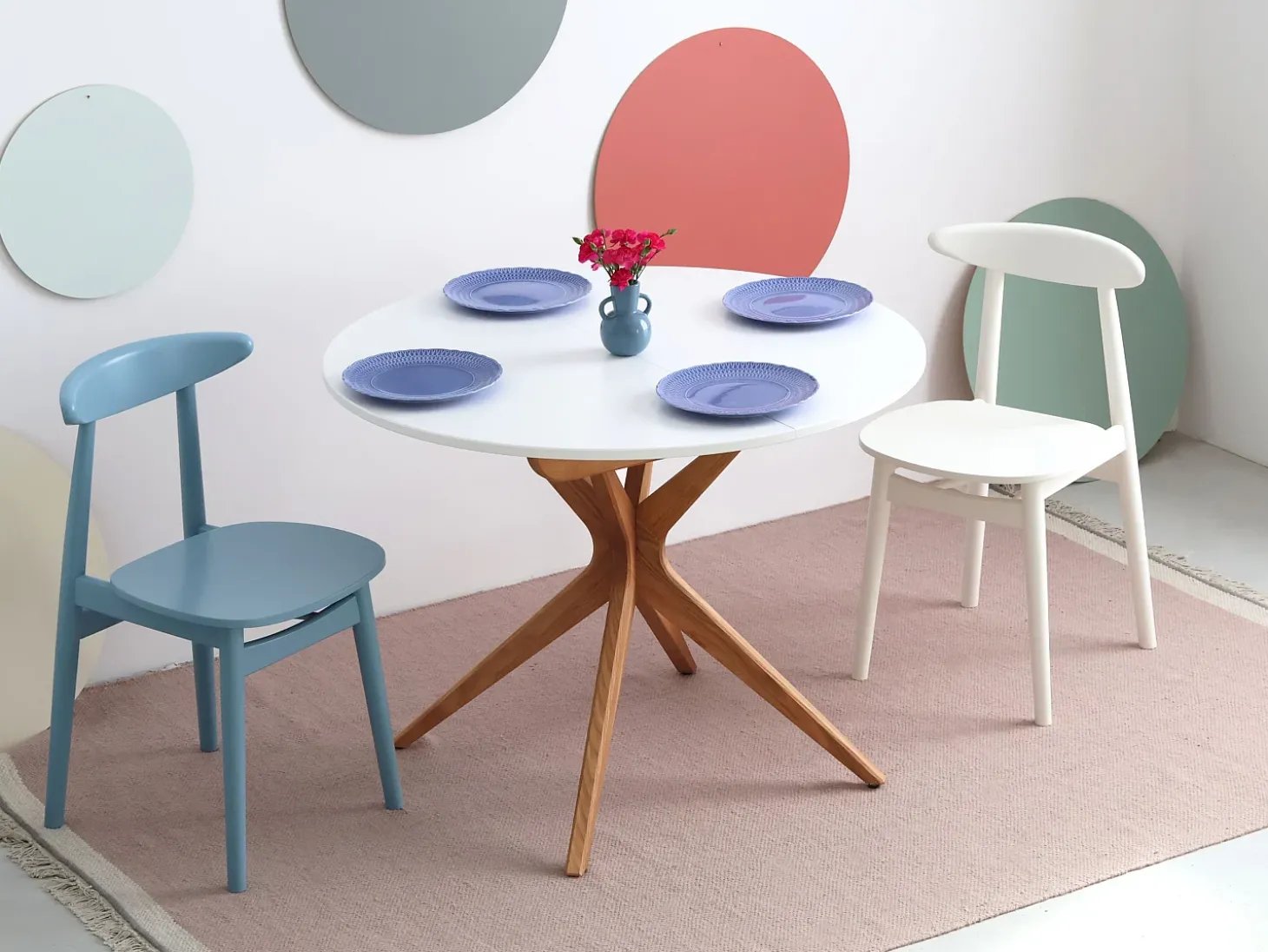Mesa de comedor redonda extensible 100cm 5 personas Jubi Blanco Tiza | Pata de fresno