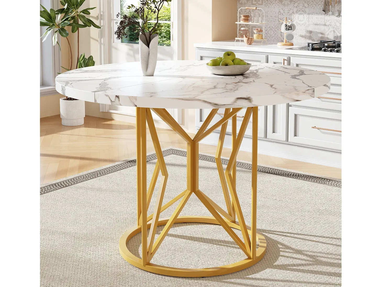 Mesa de comedor redonda moderna para 4-6 personas - patas de metal dorado - blanco (100x100x76 cm)