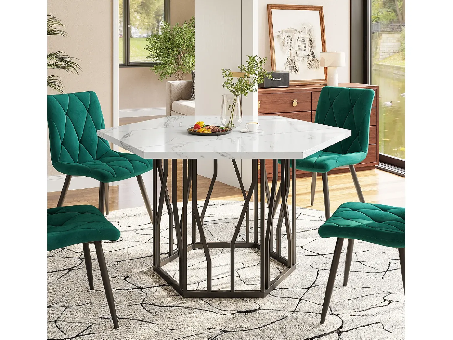 Mesa de comedor redonda moderna de mármol + patas de metal negras en forma de rama + 4 sillas ergonómicas de ante verde (115,5 x 100 x 75 cm)