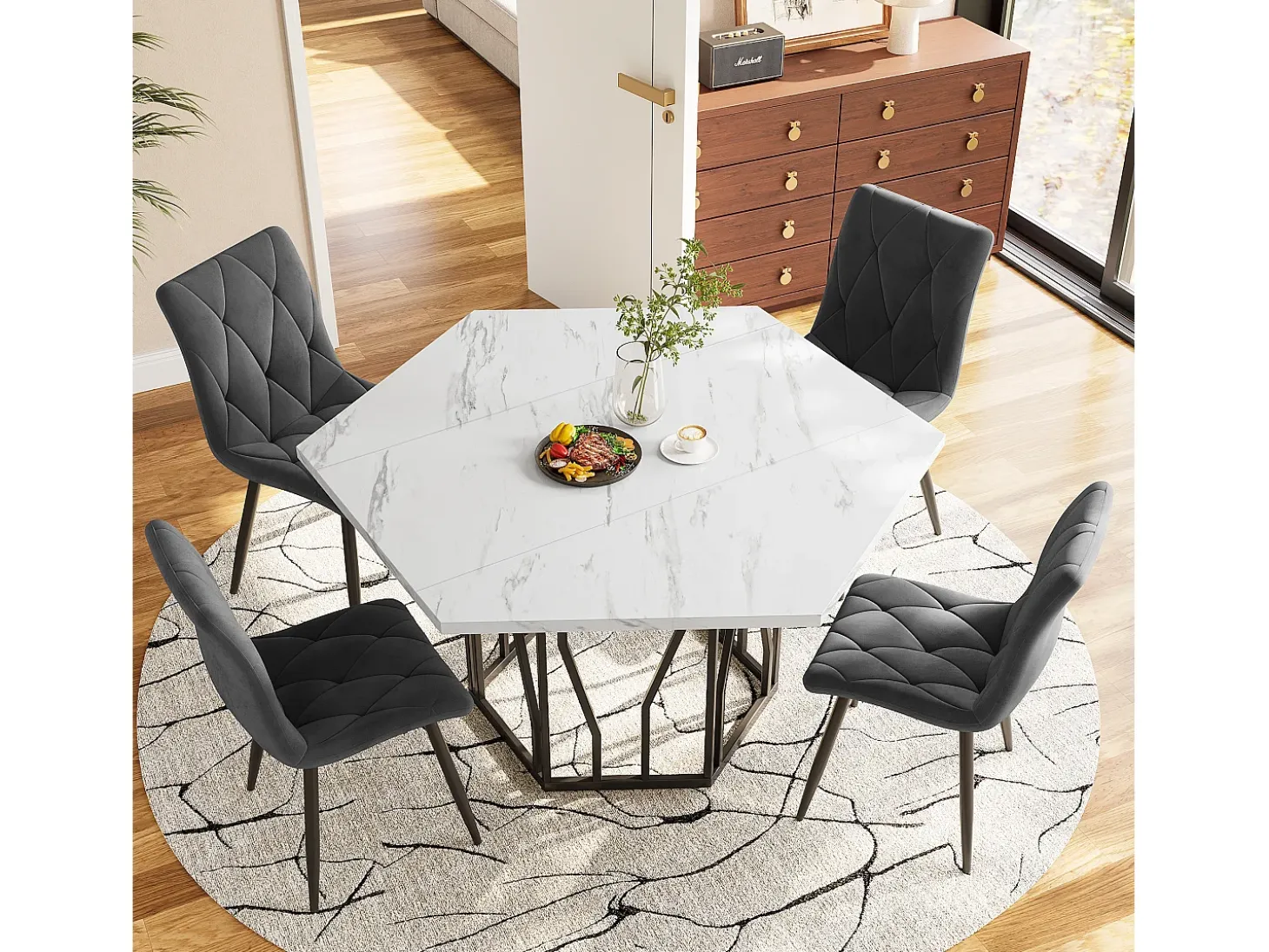 Mesa de comedor redonda moderna de mármol + patas de metal negras en forma de rama + 4 sillas ergonómicas de ante verde (115,5 x 100 x 75 cm)