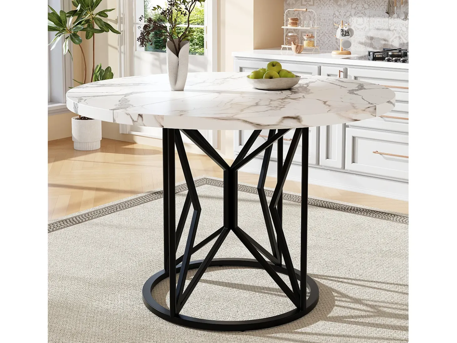 Mesa de comedor redonda moderna para 4-6 personas - patas de metal negro - blanco (100x100x76 cm)