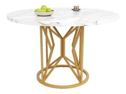 Mesa de comedor redonda, MDF efecto mármol, patas de metal dorado, (100x100x76 cm)