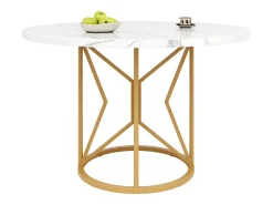 Mesa de comedor redonda, MDF efecto mármol, patas de metal dorado, (100x100x76 cm)