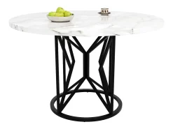 Mesa de comedor redonda para 4 personas, tapa chapada en mármol blanco con patas centrales de metal negro - 100x100x76cm