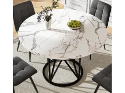 Mesa de comedor redonda para 4 personas, tapa chapada en mármol blanco con patas centrales de metal negro - 100x100x76cm