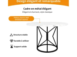 Mesa de comedor redonda para 4 personas, tapa chapada en mármol blanco con patas centrales de metal negro - 100x100x76cm