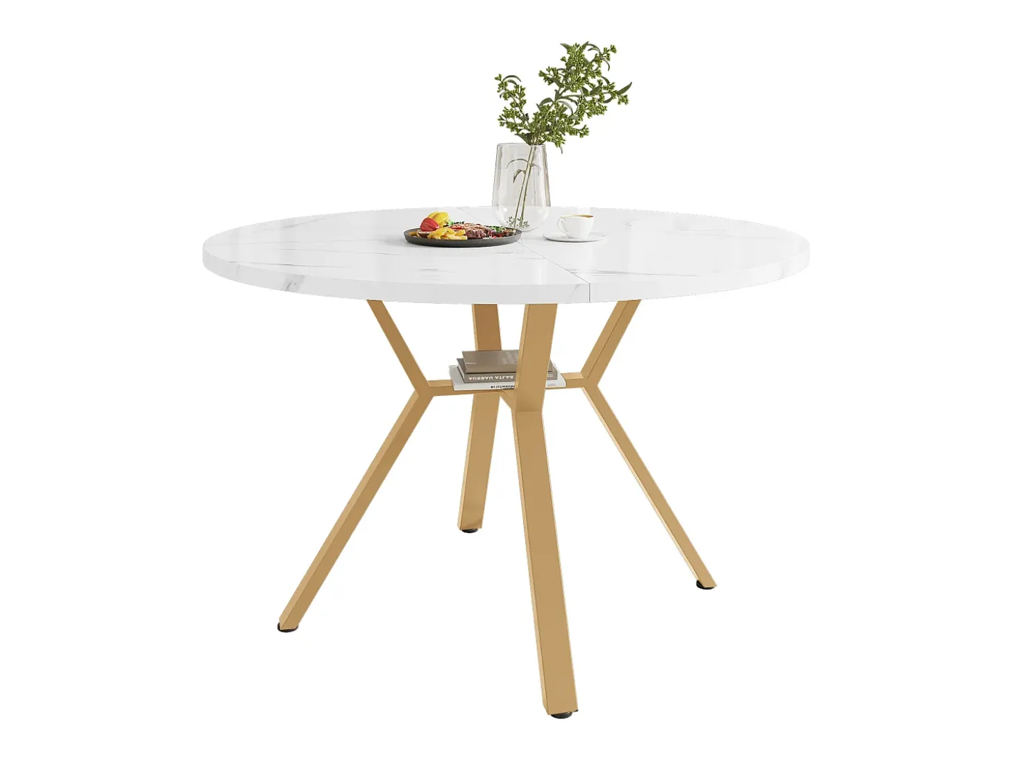 Mesa de comedor redonda para 4-6 personas - patas de metal dorado - blanco (100 x 100 x 75 cm)