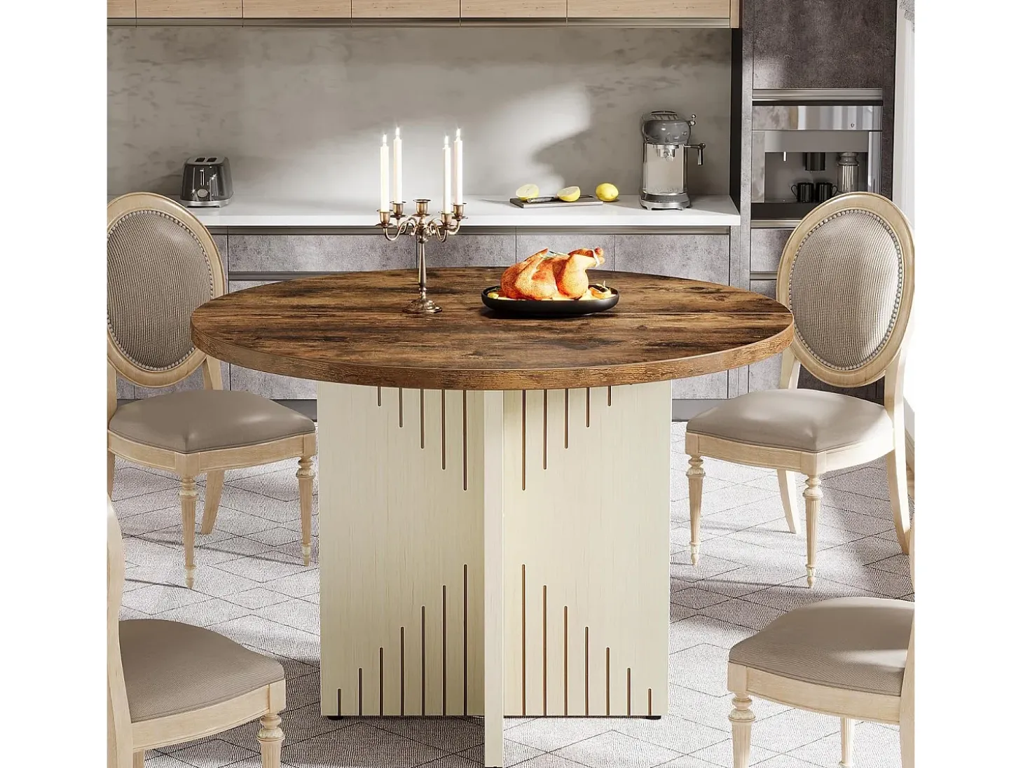 Mesa de comedor redonda para 4 personas, mesa de comedor de estilo rústico de 100 cm (solo la mesa)