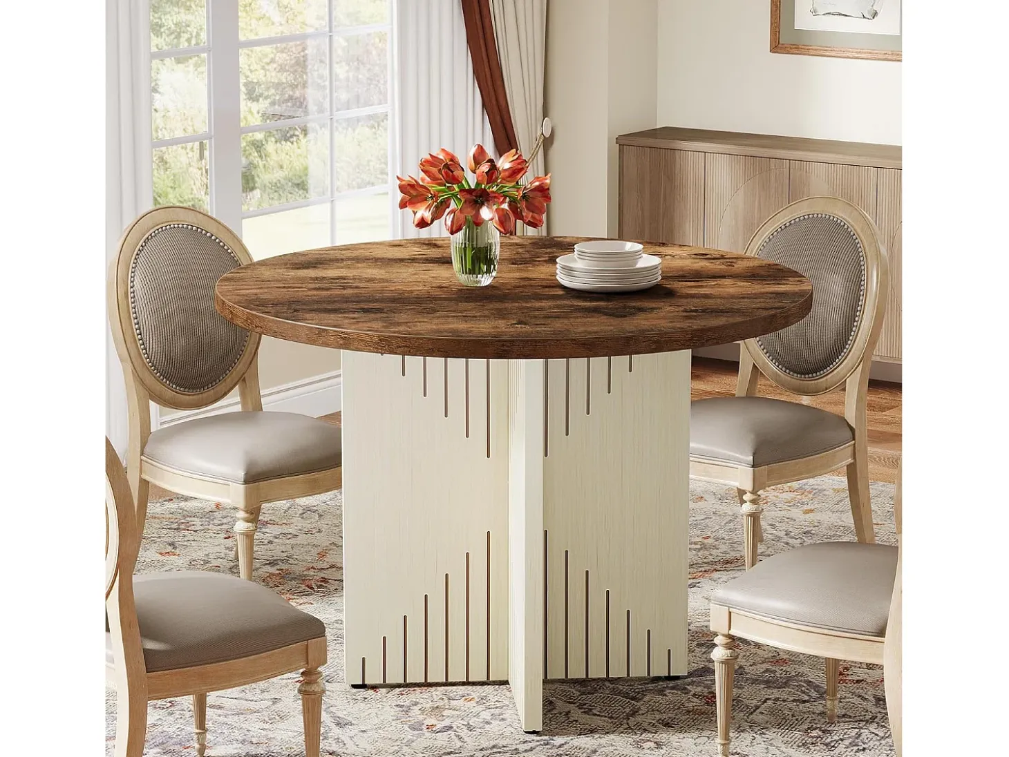 Mesa de comedor redonda para 4 personas, mesa de comedor de estilo rústico de 100 cm (solo la mesa)