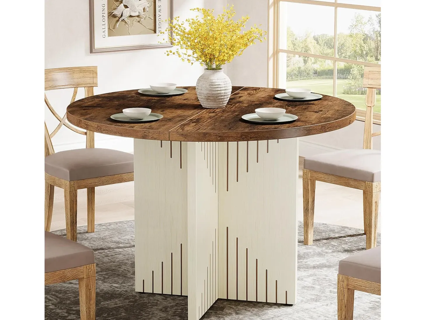 Mesa de comedor redonda para 4 personas, mesa de comedor de estilo rústico de 100 cm (solo la mesa)