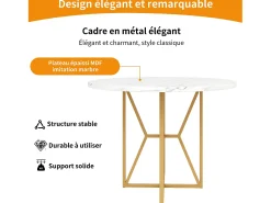 Mesa de comedor redonda para 4 personas, tapa chapada en mármol blanco con patas cruzadas de metal dorado - 80x80x76cm