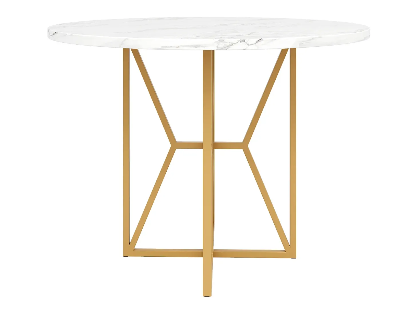 Mesa de comedor redonda para 4 personas, tapa chapada en mármol blanco con patas cruzadas de metal dorado - 80x80x76cm