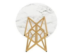 Mesa de comedor redonda para 4 personas, tapa chapada en mármol blanco con patas cruzadas de metal dorado - 80x80x76cm