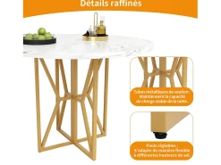 Mesa de comedor redonda para 4 personas, tapa chapada en mármol blanco con patas cruzadas de metal dorado - 80x80x76cm