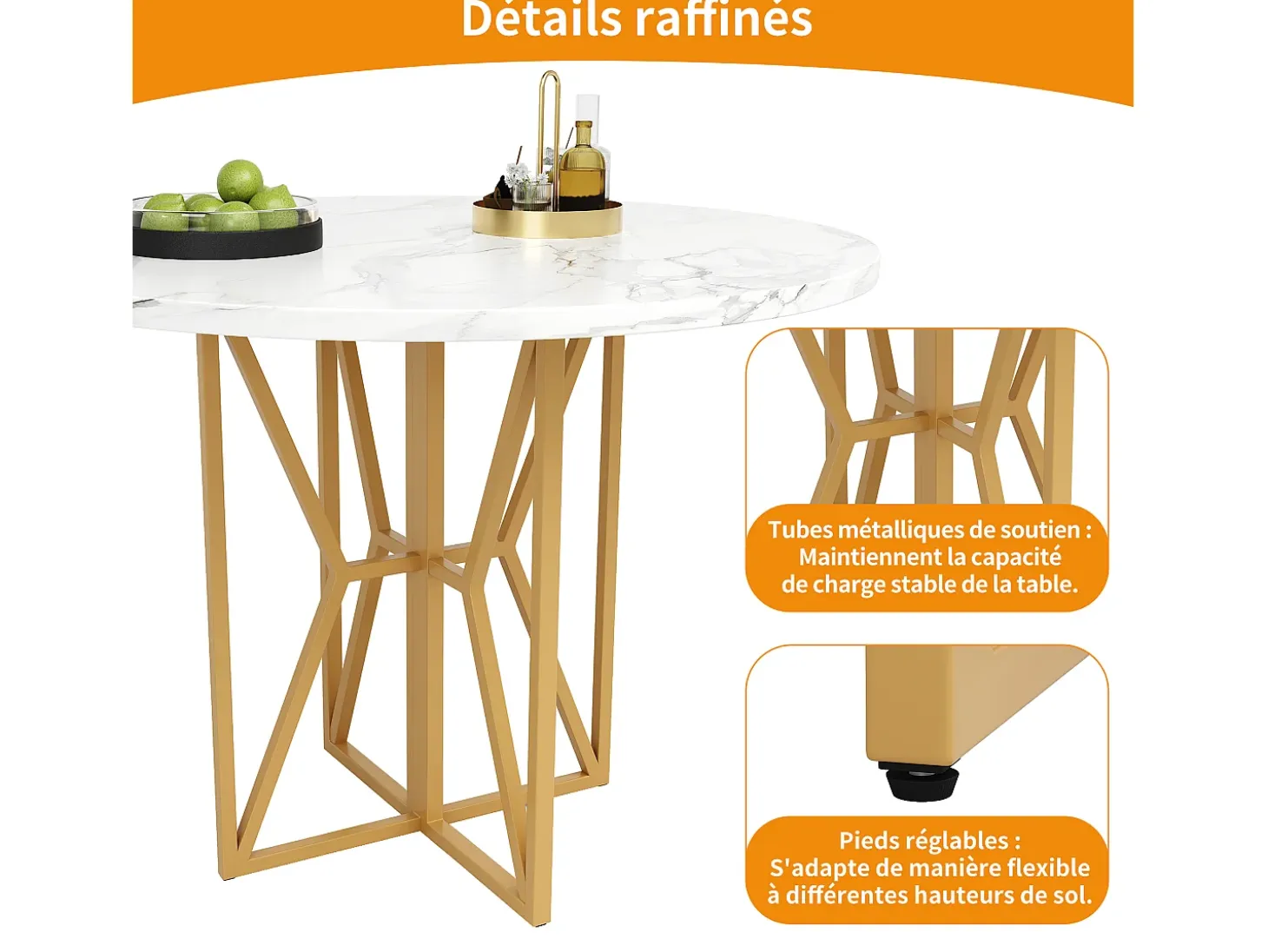Mesa de comedor redonda para 4 personas, tapa chapada en mármol blanco con patas cruzadas de metal dorado - 80x80x76cm