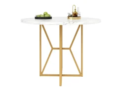 Mesa de comedor redonda para 4 personas, tapa chapada en mármol blanco con patas cruzadas de metal dorado - 80x80x76cm