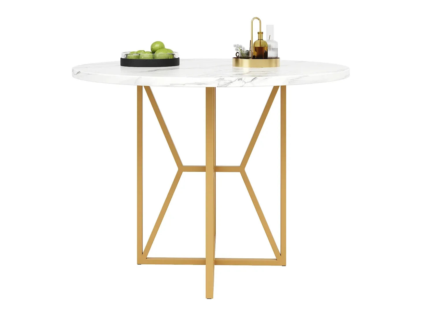 Mesa de comedor redonda para 4 personas, tapa chapada en mármol blanco con patas cruzadas de metal dorado - 80x80x76cm