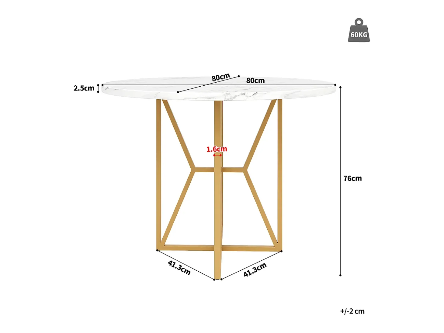 Mesa de comedor redonda para 4 personas, tapa chapada en mármol blanco con patas cruzadas de metal dorado - 80x80x76cm