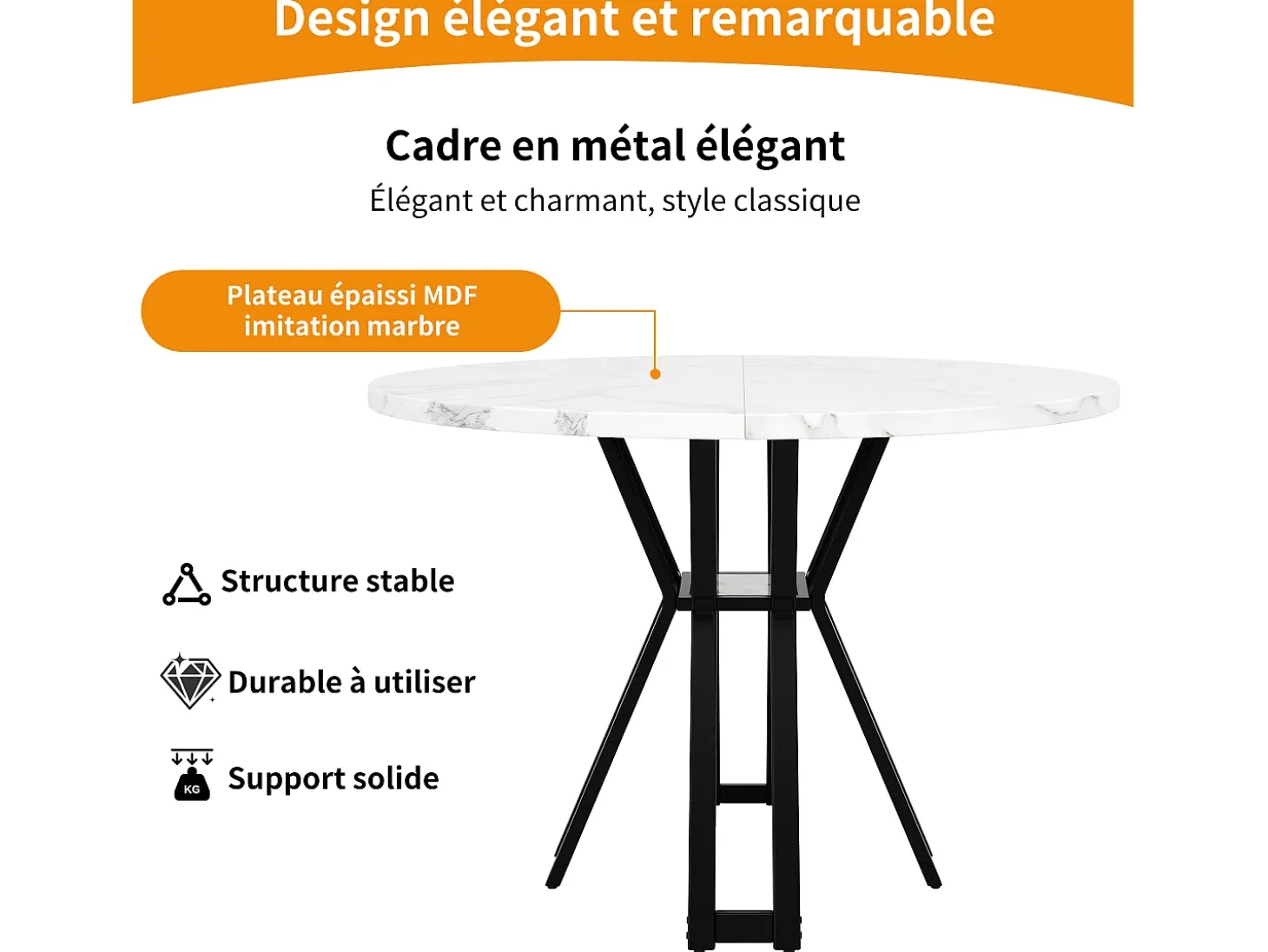 Mesa de comedor redonda para 4 personas, tapa chapada en mármol blanco con patas cruzadas de metal negro - 100x100x76cm