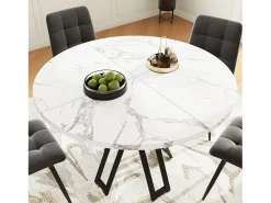 Mesa de comedor redonda para 4 personas, tapa chapada en mármol blanco con patas cruzadas de metal negro - 100x100x76cm