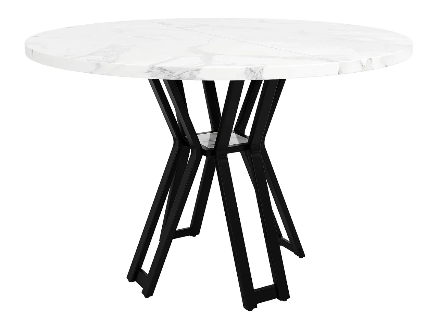 Mesa de comedor redonda para 4 personas, tapa chapada en mármol blanco con patas cruzadas de metal negro - 100x100x76cm