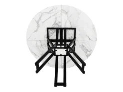 Mesa de comedor redonda para 4 personas, tapa chapada en mármol blanco con patas cruzadas de metal negro - 100x100x76cm