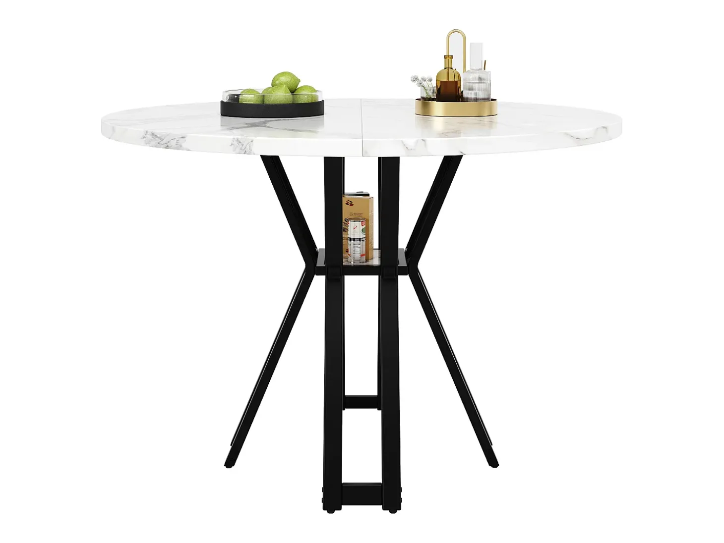 Mesa de comedor redonda para 4 personas, tapa chapada en mármol blanco con patas cruzadas de metal negro - 100x100x76cm